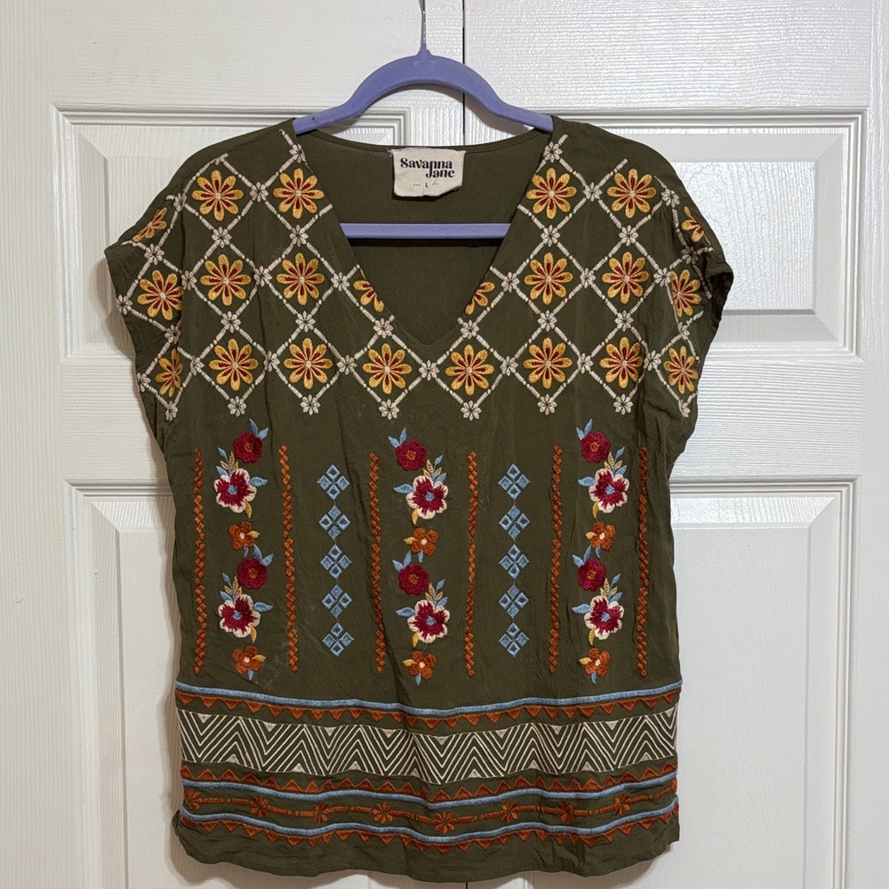 Savanna Jane Olive Short-Sleeve Embroidered Boho V-Neck Top